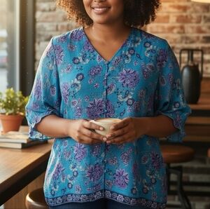 Elegant Floral Women's Blouse in Blue and Purple XL Flowy Boho Feminine